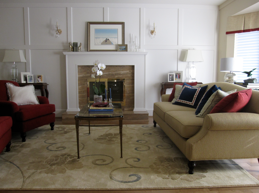 cream and cranberry living room