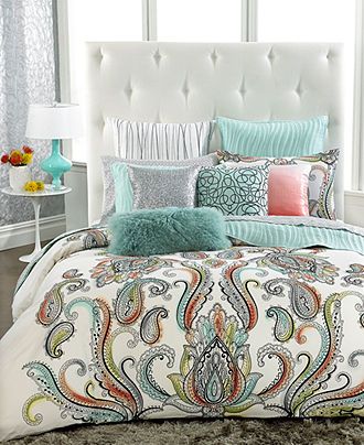turquoise, coral and yellow bedding