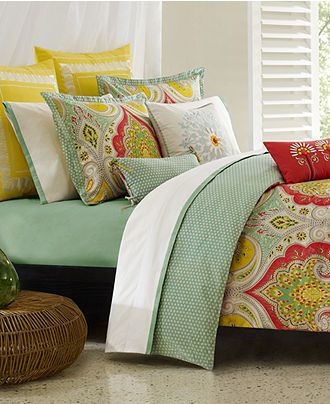 yellow, green and coral bedding