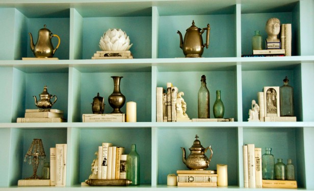 turquoise bookshelves