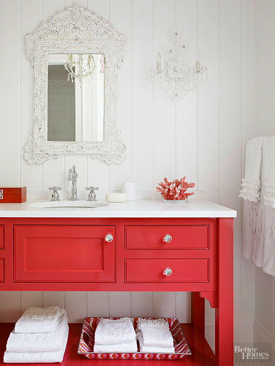 Classic white bathroom with coral vanity | Maria Killam