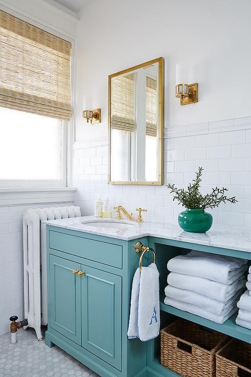 Classic White Bathroom with turquoise vanity | Maria Killam