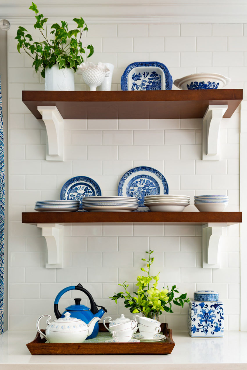Class White Kitchen | Decorating with Blue | Upper Shelves in Kitchen