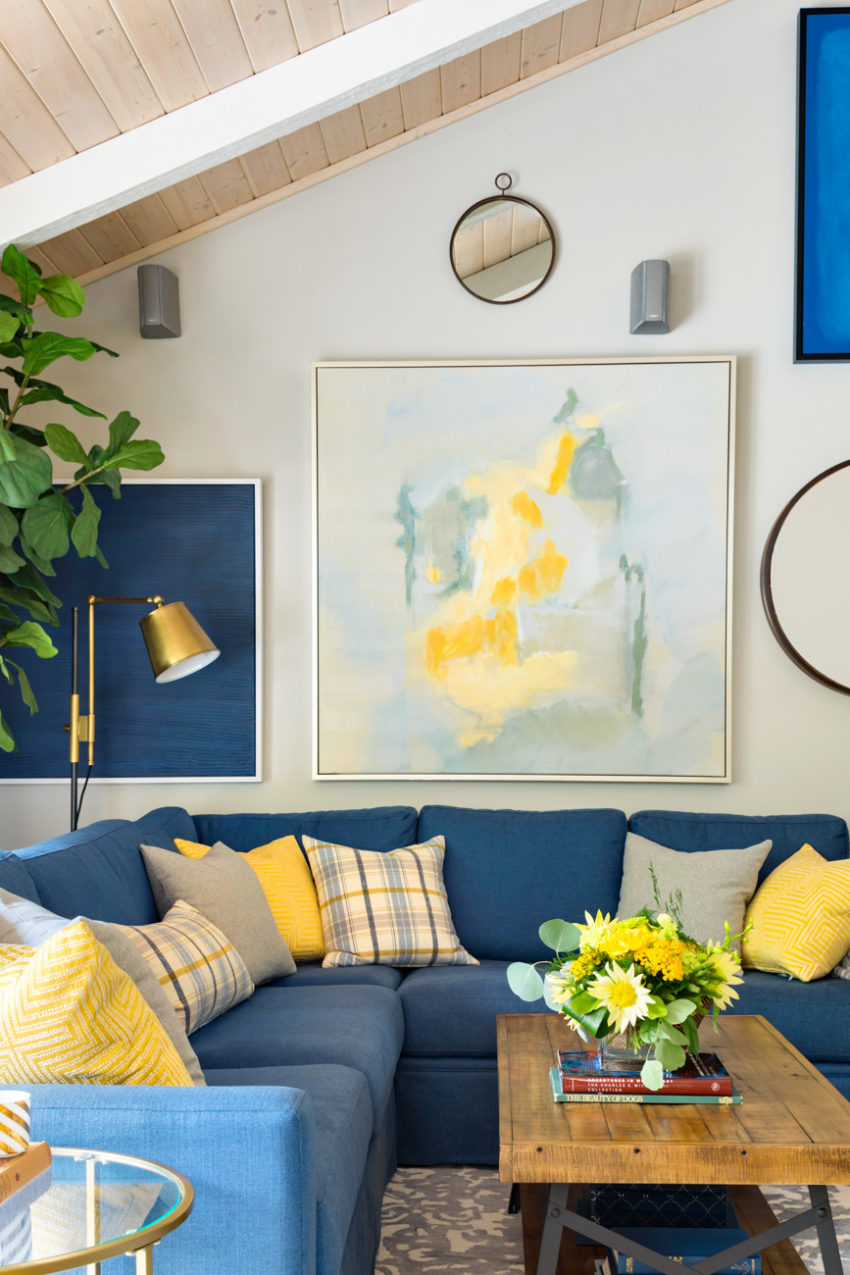 Family Room | Living Room | Decorating with Blue & Yellow | Wall Art | Throw Pillows | Blue Sofa