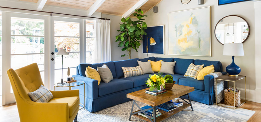 Family Room | Living Room | Decorating with Blue & Yellow | Wall Art | Throw Pillows | Blue Sofa