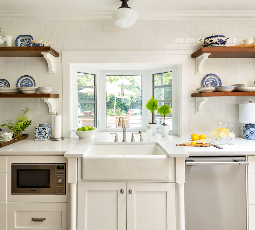 Class White Kitchen | Decorating with Blue | Farmhouse Sink | Upper Shelves in Kitchen