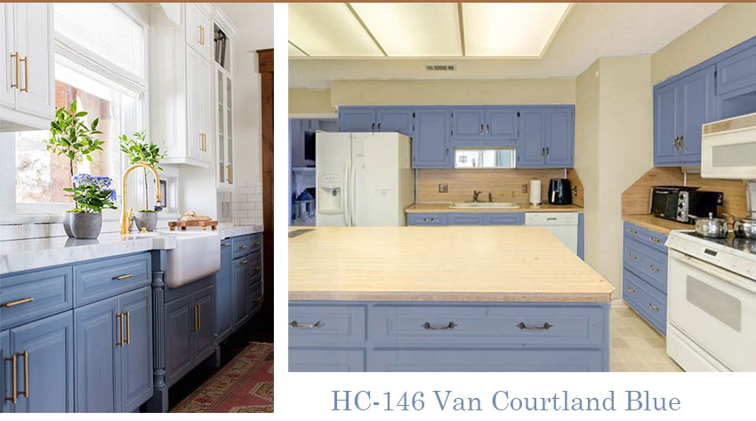 Benjamin Moore Van Courtland Blue kitchen cabinets
