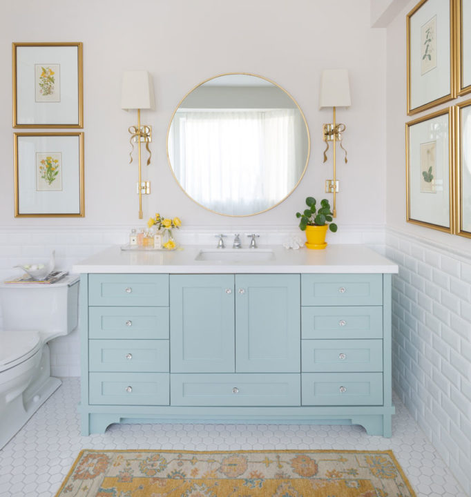 Decorating with Colour | Master Ensuite Bathroom | Bathroom Design | Bathroom Artwork | Styling Ideas | Classic White Bathroom | Blue and Yellow Bathroom | Gold Bathroom Mirror | Botanicals