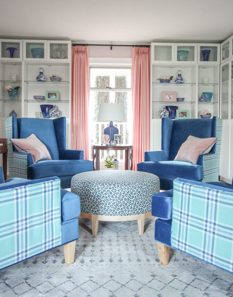 Decorating with Pink | Wing Chairs | Library Room Design | Decorating with Pink & Blue | Book case Design