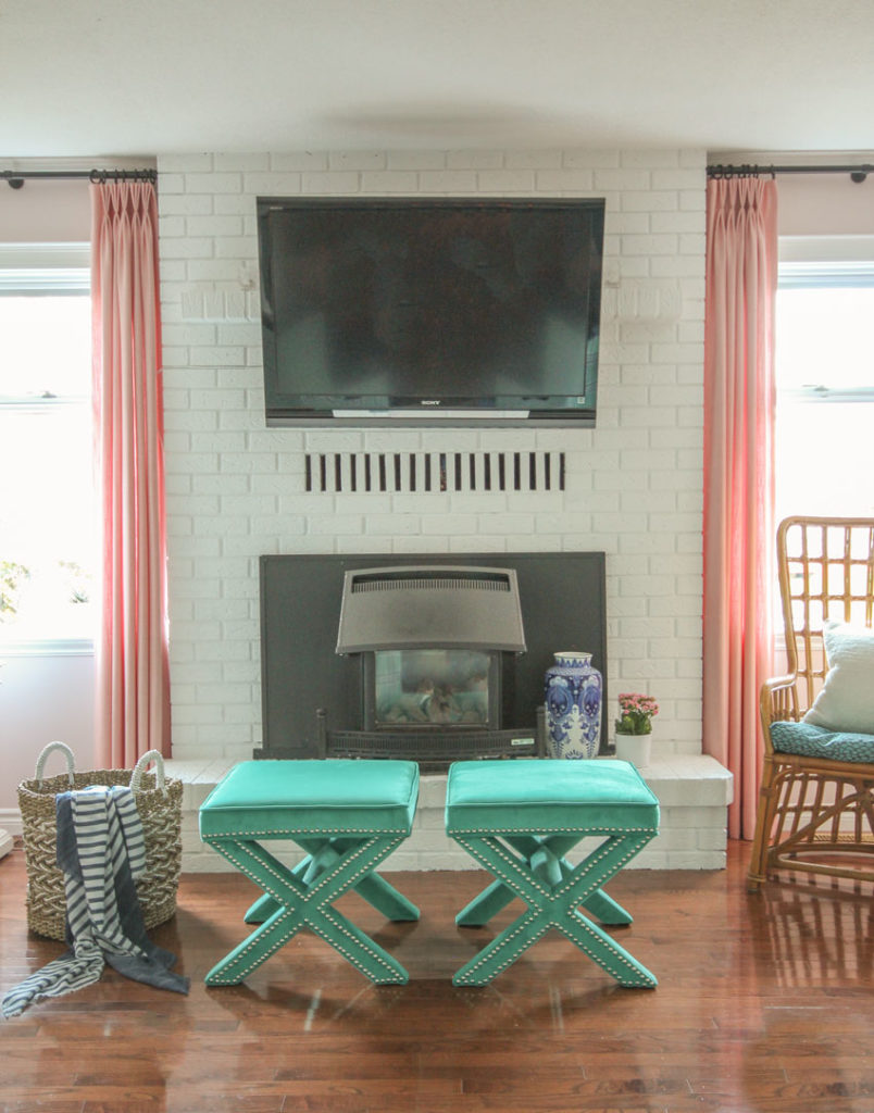 Turquoise Ottoman | White Painted Fireplace | Custom Drapery | Decorating with Pink & Blue