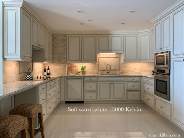 select warm lighting at kitchen and bathroom