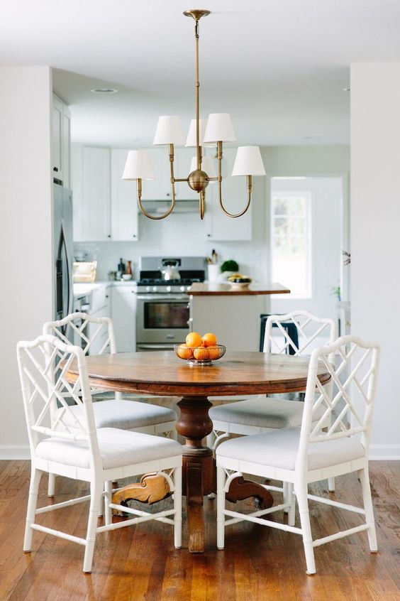 Round Oak Table + White Chippendale Chairs