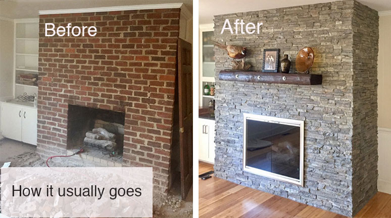 whitewash stone fireplace before and after