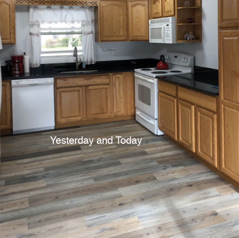 Pictures of honey oak 2025 cabinets with gray floors