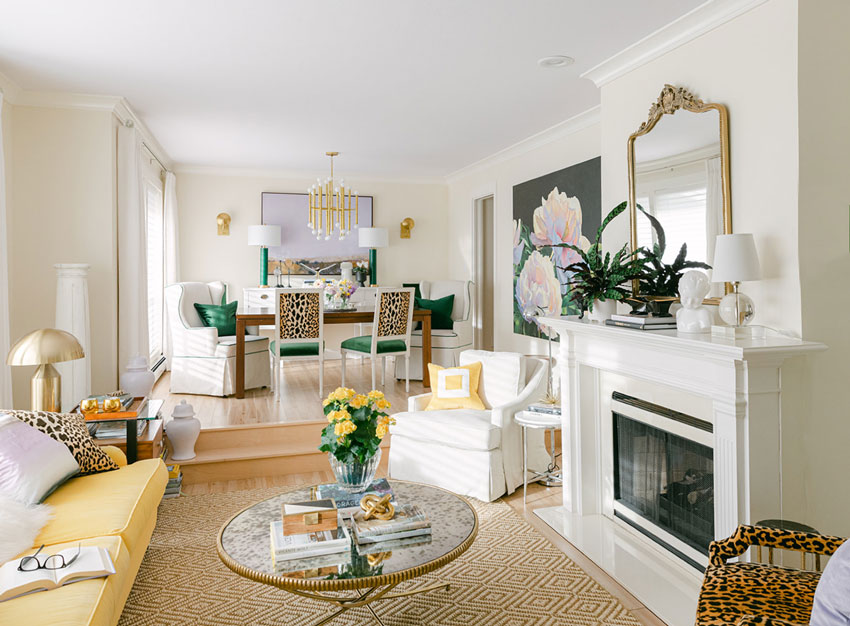 Creamy White Walls | Yellow sofa | Oversized art | Maria Killam Living Room