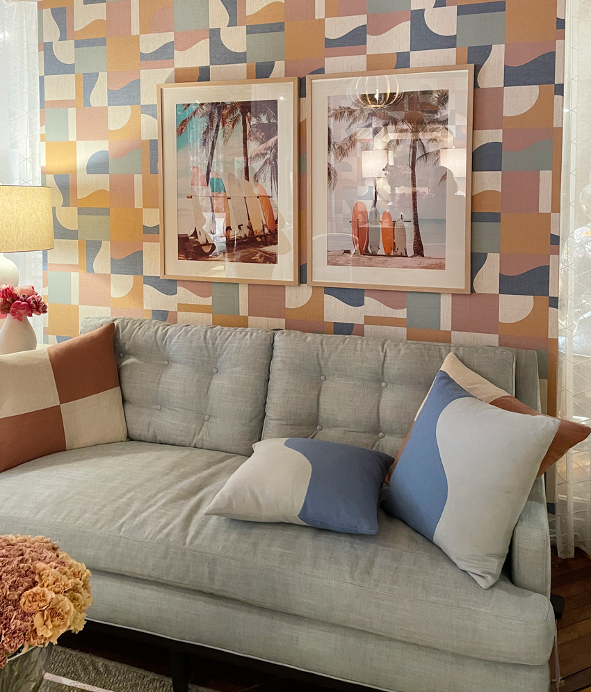 terra cotta and blue sofa colour palette