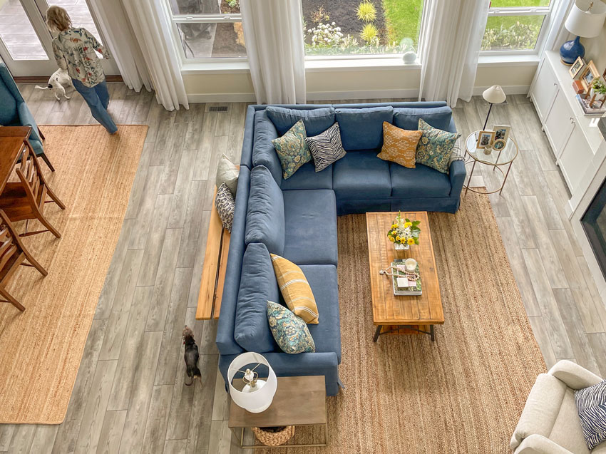 Living room with store grey floors