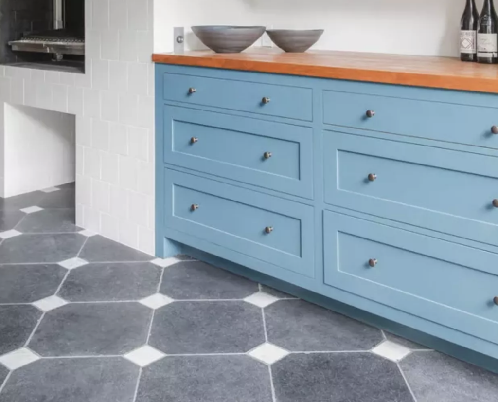 Bright blue kitchen cabinets