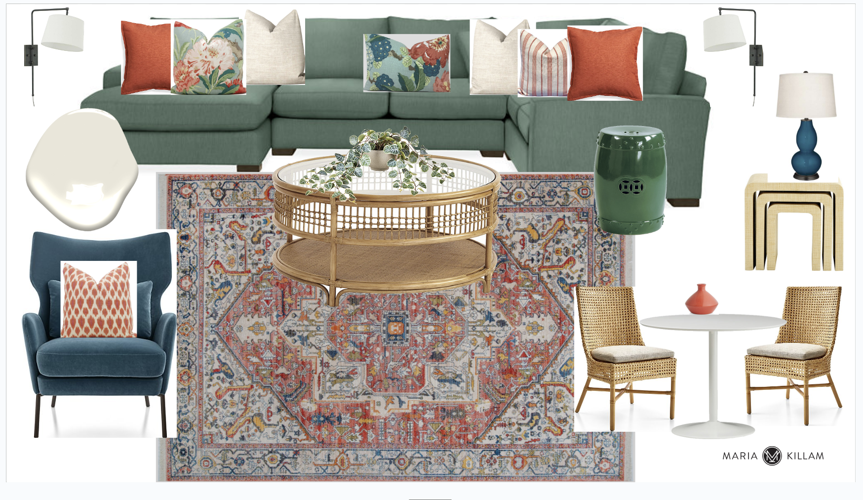 green and orange living room mood board