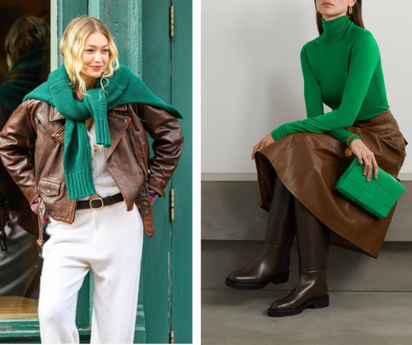 brown leather trend green and brown outfit