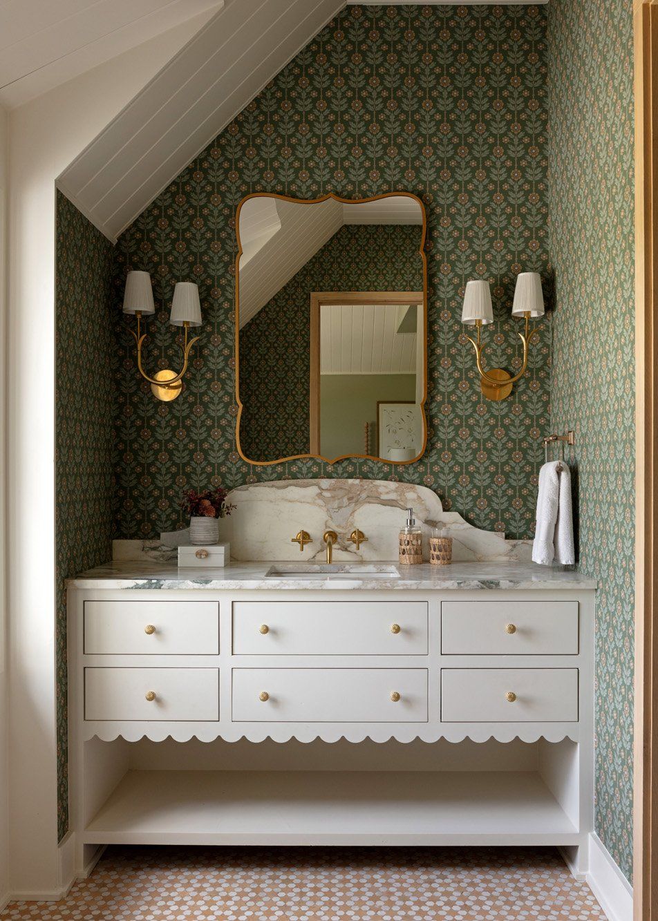 vintage bathroom green wallpaper marble brass