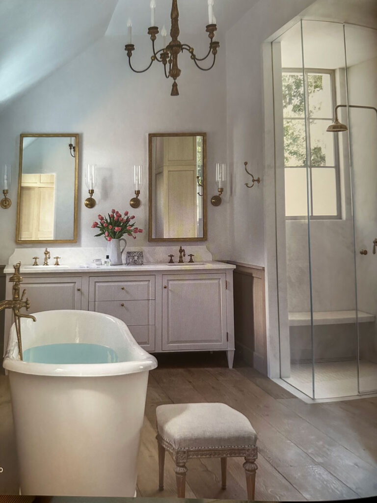 timeless bathroom Velvet and Linen antique brass soaker tub