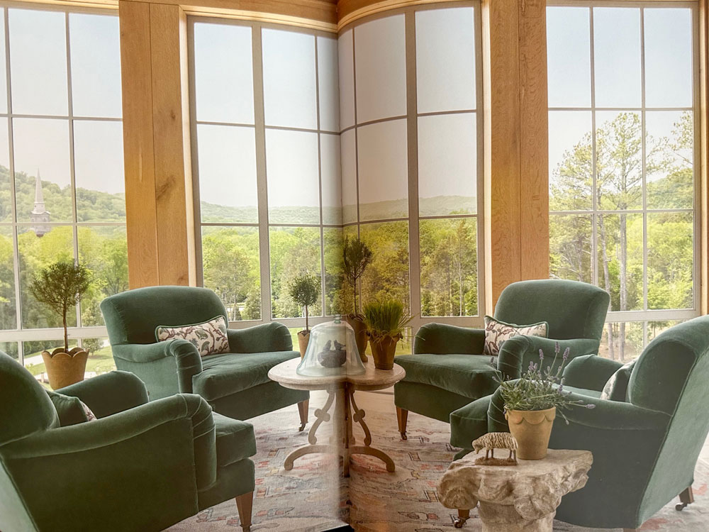 Velvet & Linen green roll arm velvet chairs room with a view