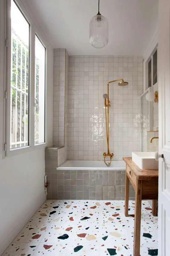 Zellige tile and terrazzo bathroom