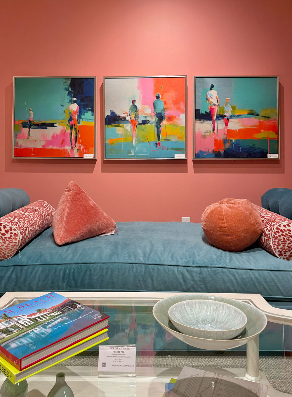coral and blue art wall