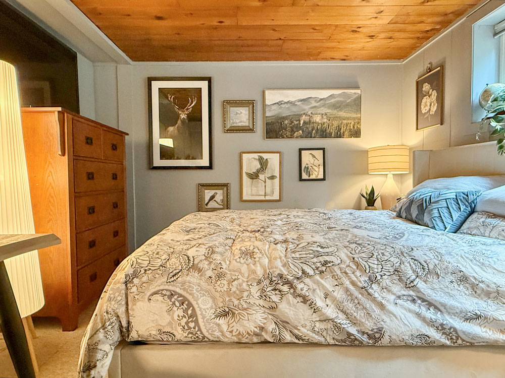 Blue grey and wood bedroom