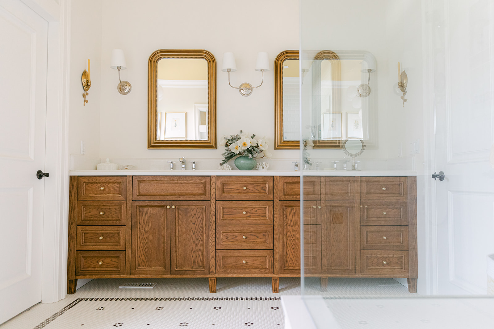 Maria Killam Primary Bathroom oak vanity penny tile