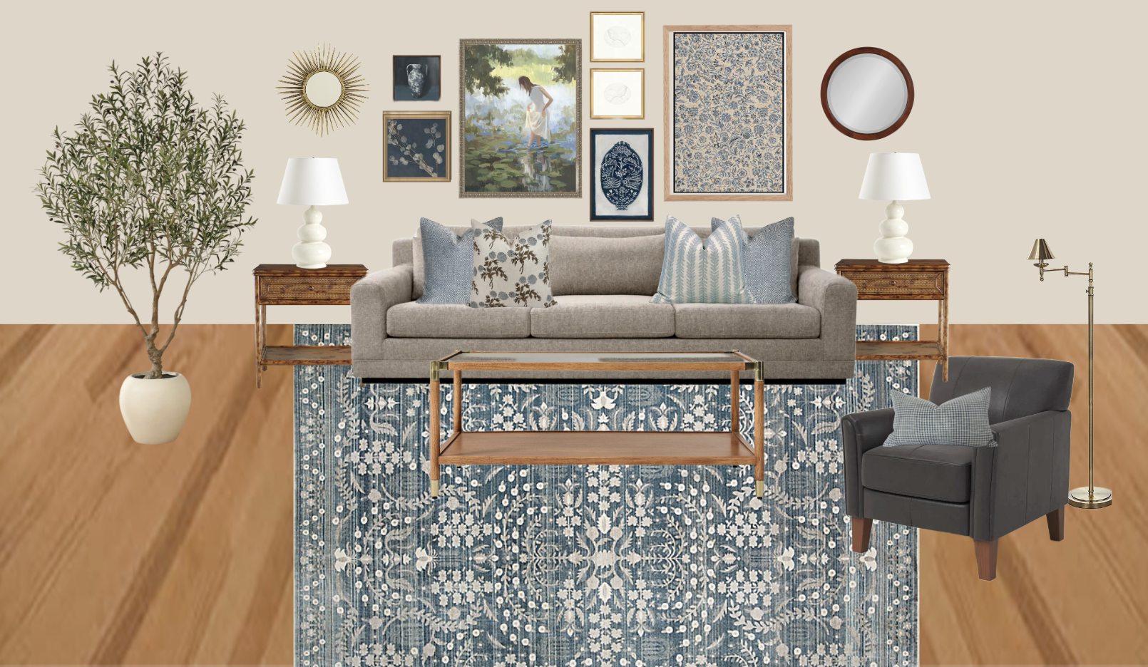 Taupe sofa with blue accents mood board